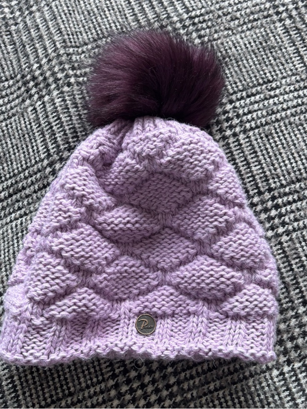 Faux Fur Pom  Purple Knit Pom Beanie